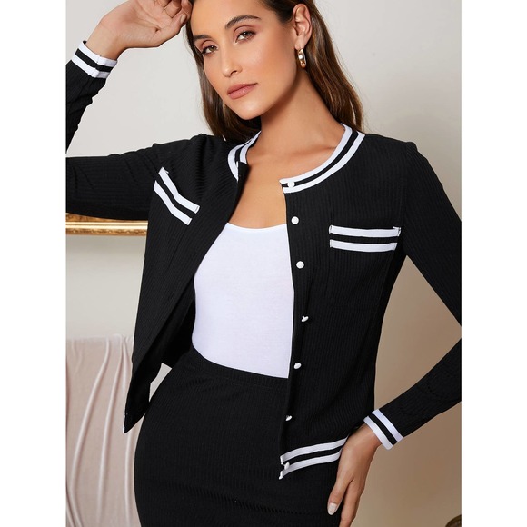 2 piece skirt set: Button Front Striped Trim blazer &  mini Skirt black white - Picture 4 of 5